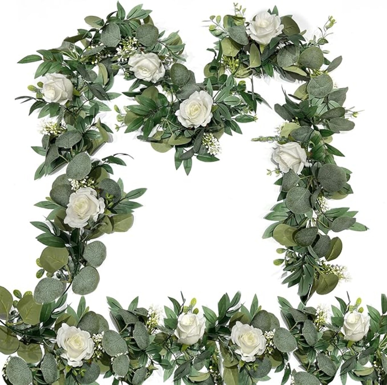 2 Pack 13Ft Artificial Eucalyptus Flower Garland with White Roses, Fake Rose Flower Greenery Garland Floral Vines for Wedding Home Party Table Runner Decor (White)